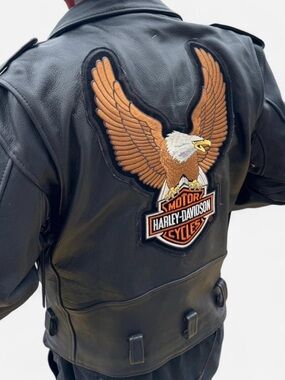 Harley-Davidson Black Leather Jacket with Embroidered Eagle Back Patch